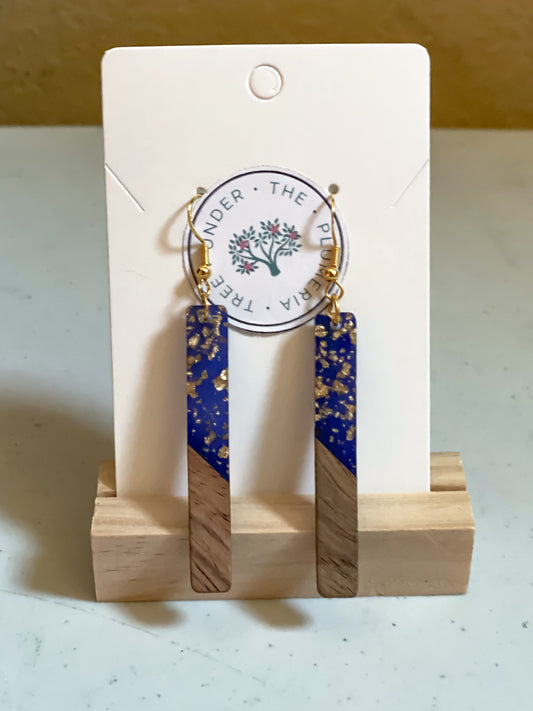 Blue and Gold Fleck wood and resin dangle earrings