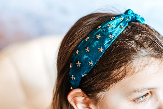 Star Teal Velvet Knotted Girls Headband