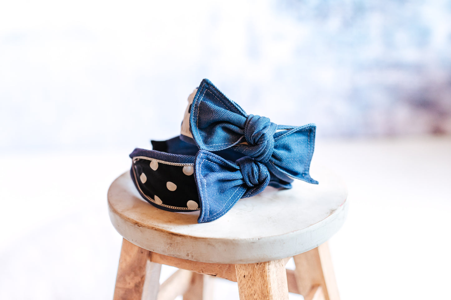 Denim Polka Dot Knotted Ribbon Headband