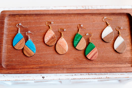 Teardrop wood & resin design earrings with hypoallergenic hooks