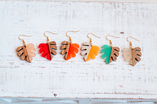 Monstera Leaf Wood & Resin Earrings