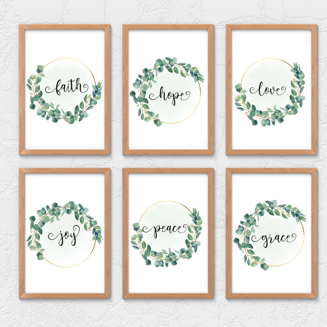 Faith Hope Love Joy Peace & Grace set of 6 digital prints in eucalyptus wreath with gold bar with fancy font