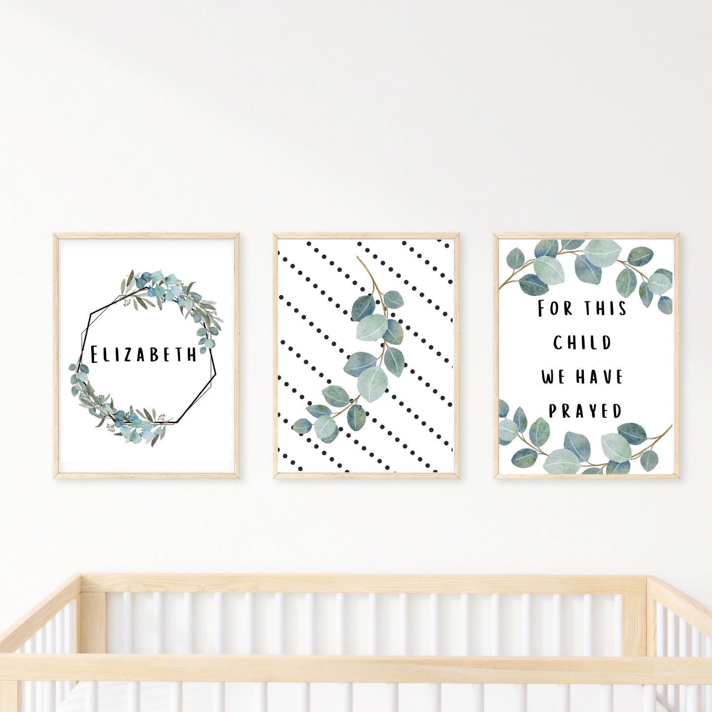 For this Child We Have Prayed Personalized with Name Eucalyptus black and white dots Set of 3 Downloadable prints