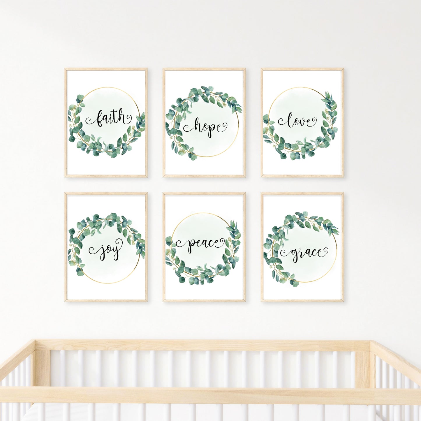 Faith Hope Love Joy Peace & Grace set of 6 digital prints in eucalyptus wreath with gold bar with fancy font