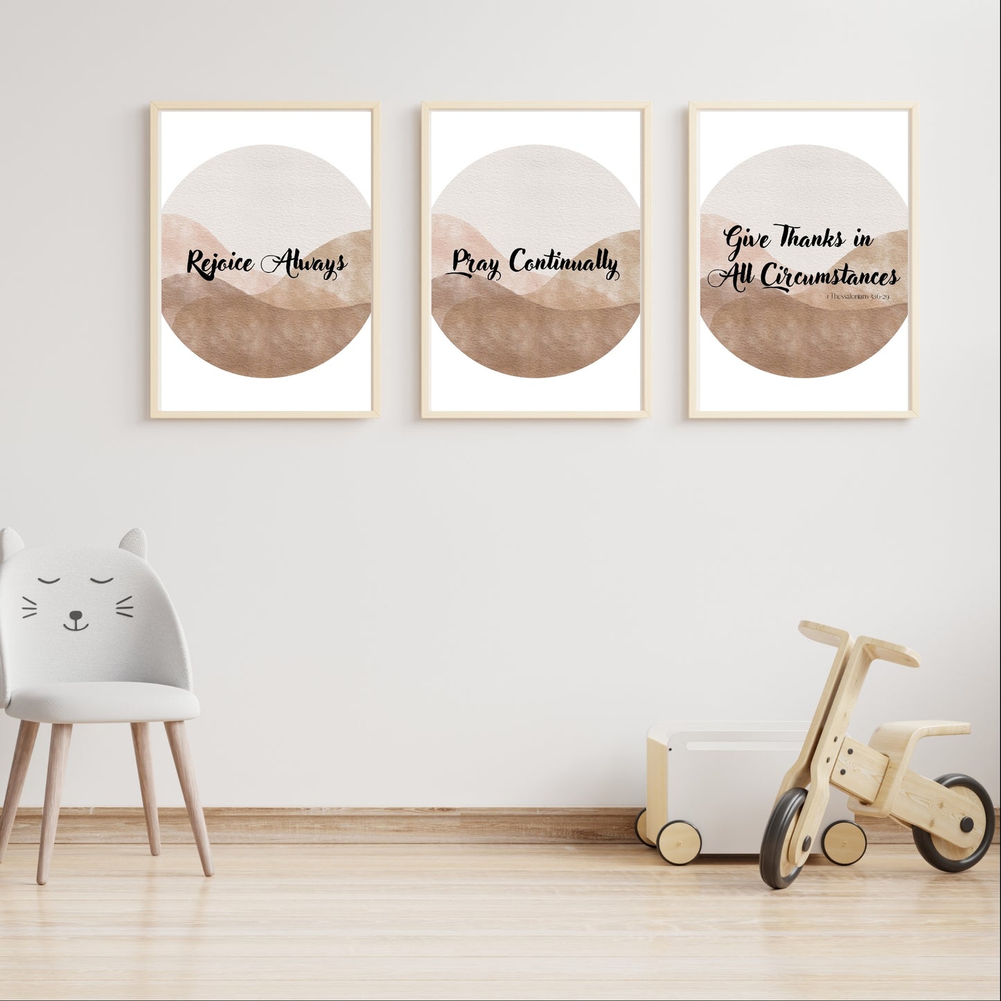 Rejoice Always Pray Continually Give Thanks 1 Thessalonians 5:16-18 Boho Minimalist Brown Circle Watercolor Set of 3 Downloadable Prints