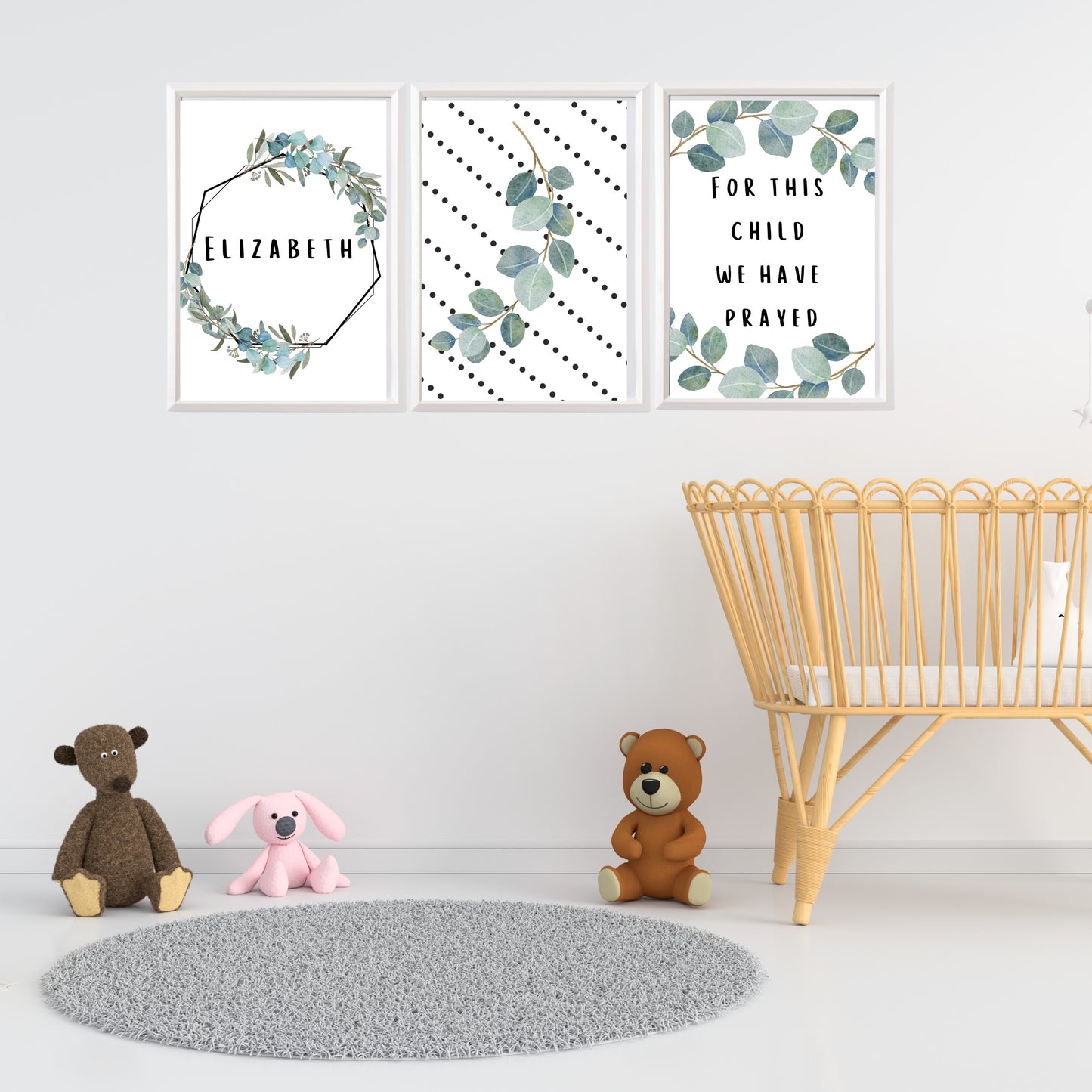 For this Child We Have Prayed Personalized with Name Eucalyptus black and white dots Set of 3 Downloadable prints