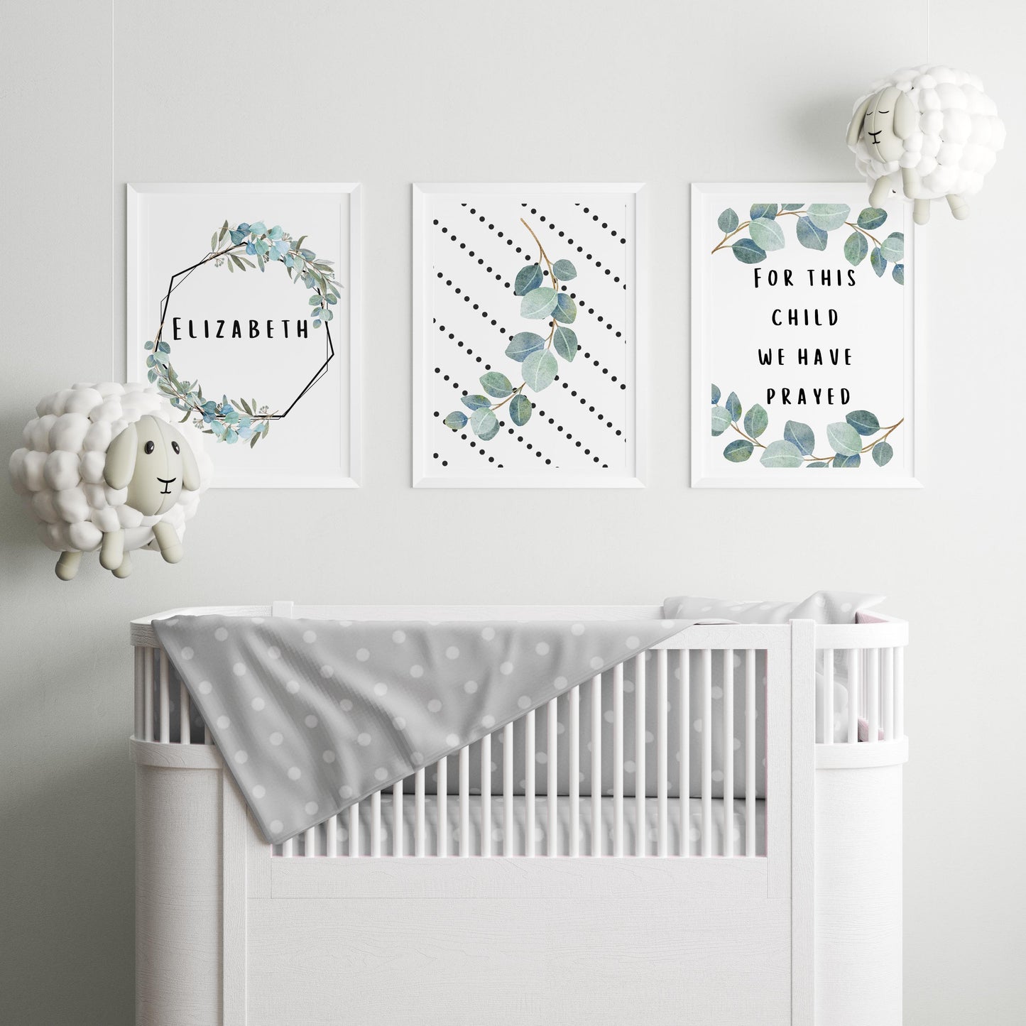 For this Child We Have Prayed Personalized with Name Eucalyptus black and white dots Set of 3 Downloadable prints