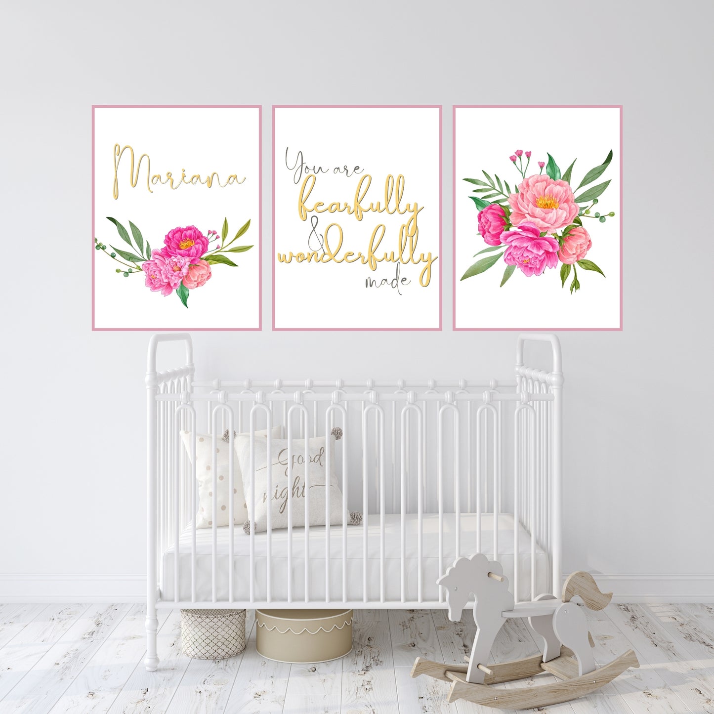 Fearfully and Wonderfully Made Peony Flower Personalized Baby Girl Room Nursery Wall Digital Print