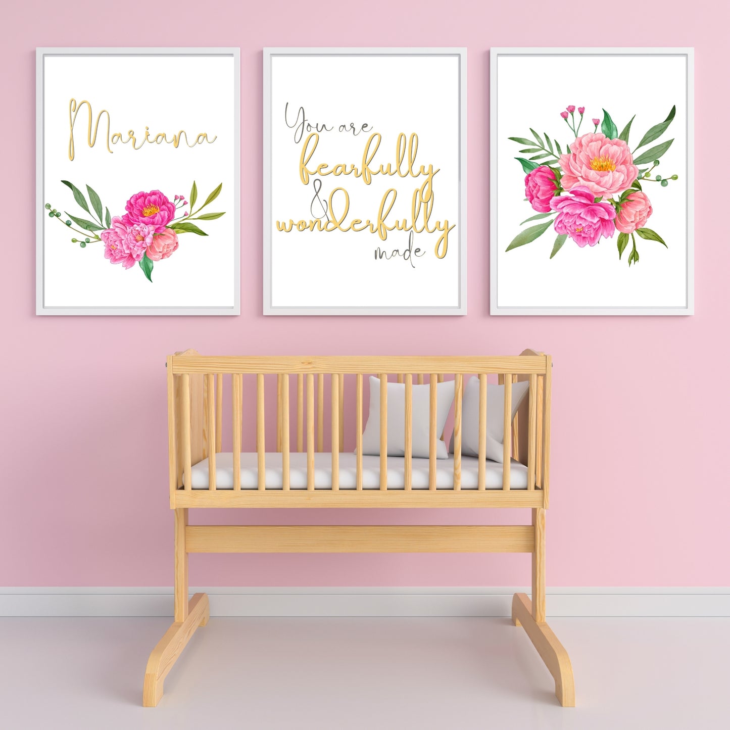 Fearfully and Wonderfully Made Peony Flower Personalized Baby Girl Room Nursery Wall Digital Print