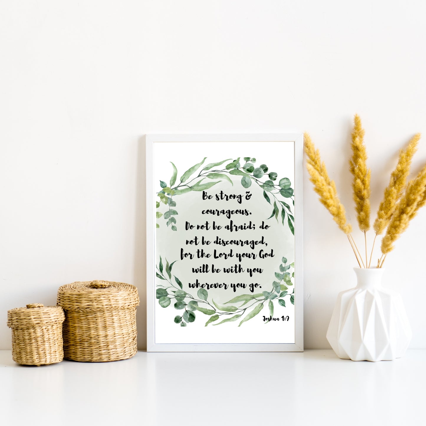 Be Strong and Courageous Joshua 1:9 8x10 printable with olive green colors wreath