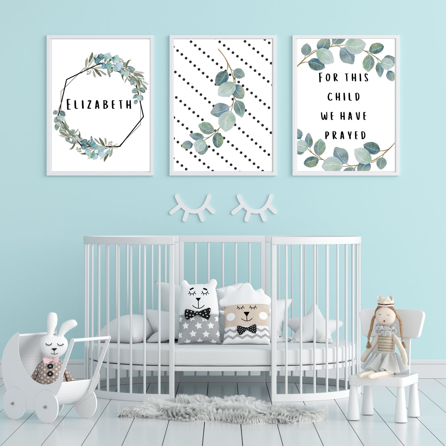 For this Child We Have Prayed Personalized with Name Eucalyptus black and white dots Set of 3 Downloadable prints