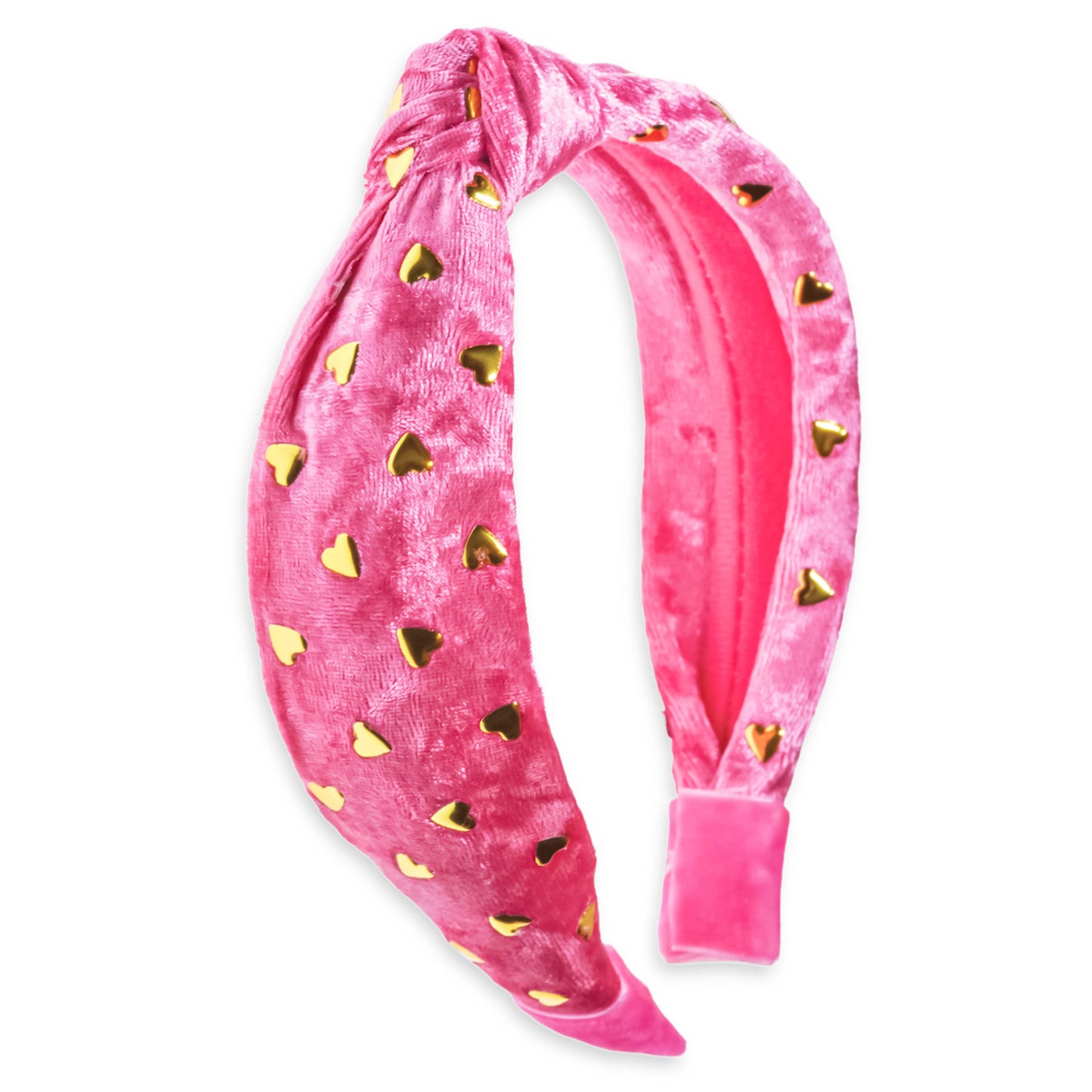 Pink Crushed Velvet Knotted Headband with Gold Heart Studs