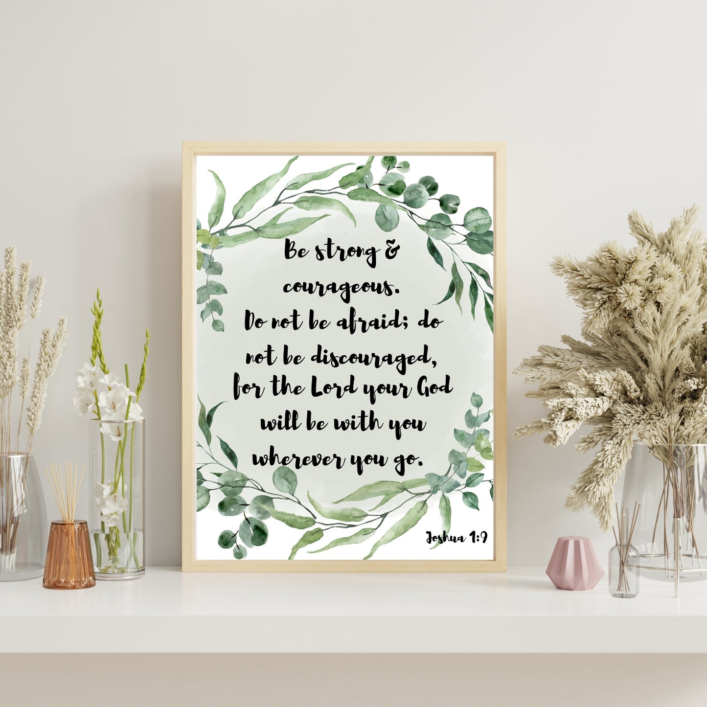 Be Strong and Courageous Joshua 1:9 8x10 printable with olive green colors wreath