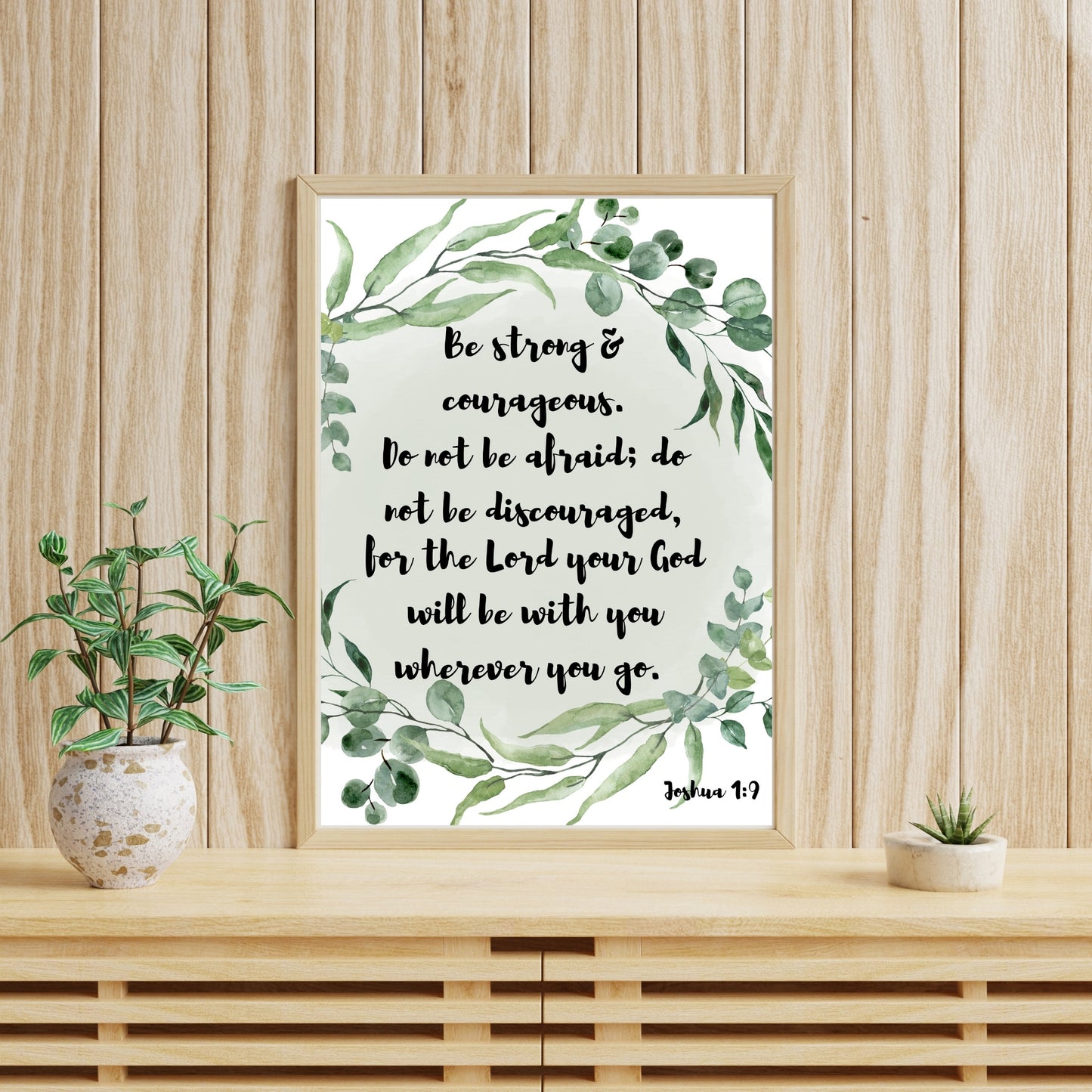 Be Strong and Courageous Joshua 1:9 8x10 printable with olive green colors wreath