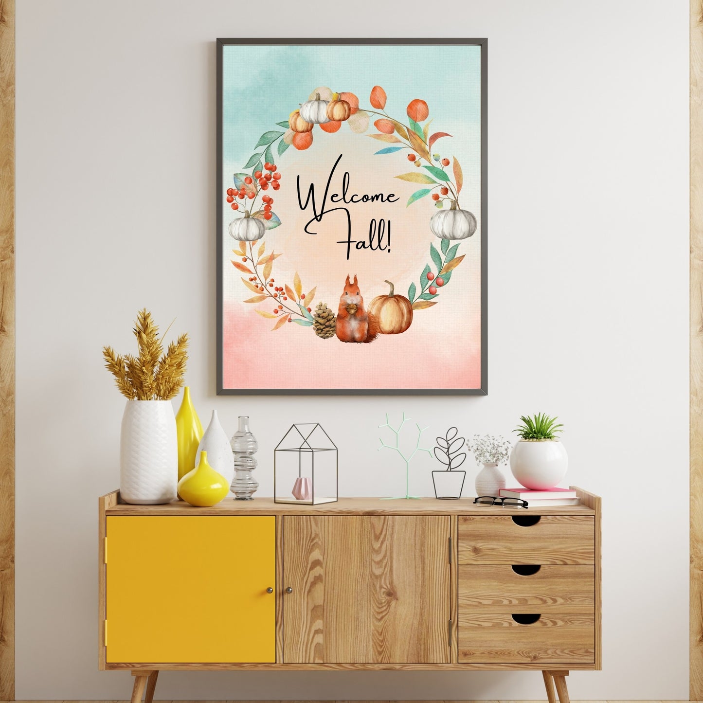 Welcome Fall with Squirrel Pinecone Pumpkin and Fall Leaves and Berries in a Wreath with Mauve and Turquoise background