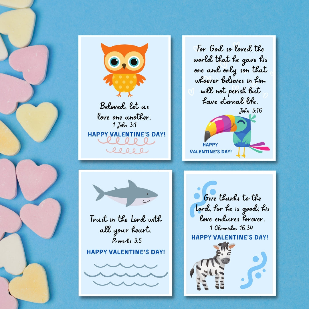 Christian Valentine Cards for kids with animals and scriptures, 8 designs