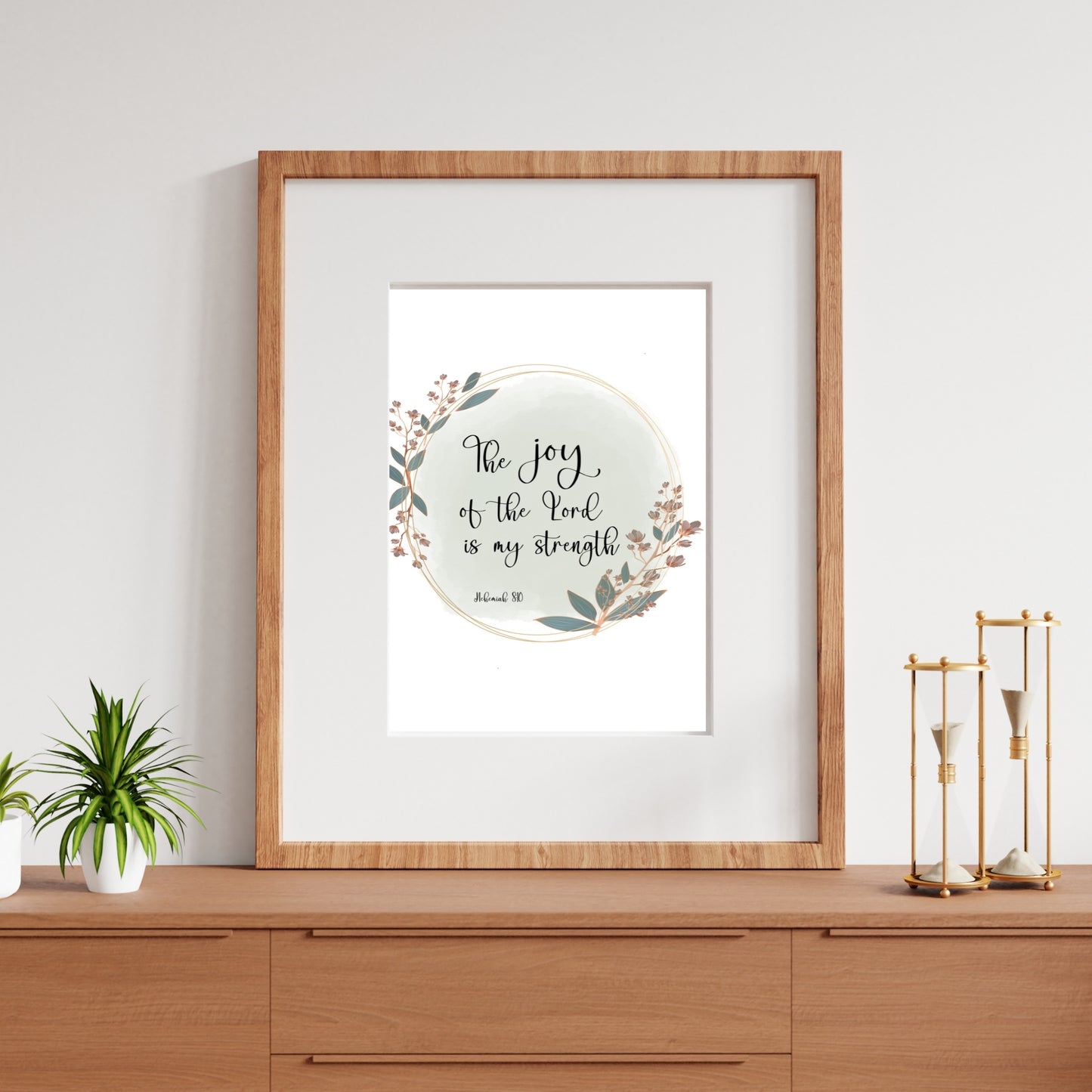 The Joy of the Lord is Your Strength Nehemiah 8:10 Scripture Verse Printable in Gold Circles with Floral Accents