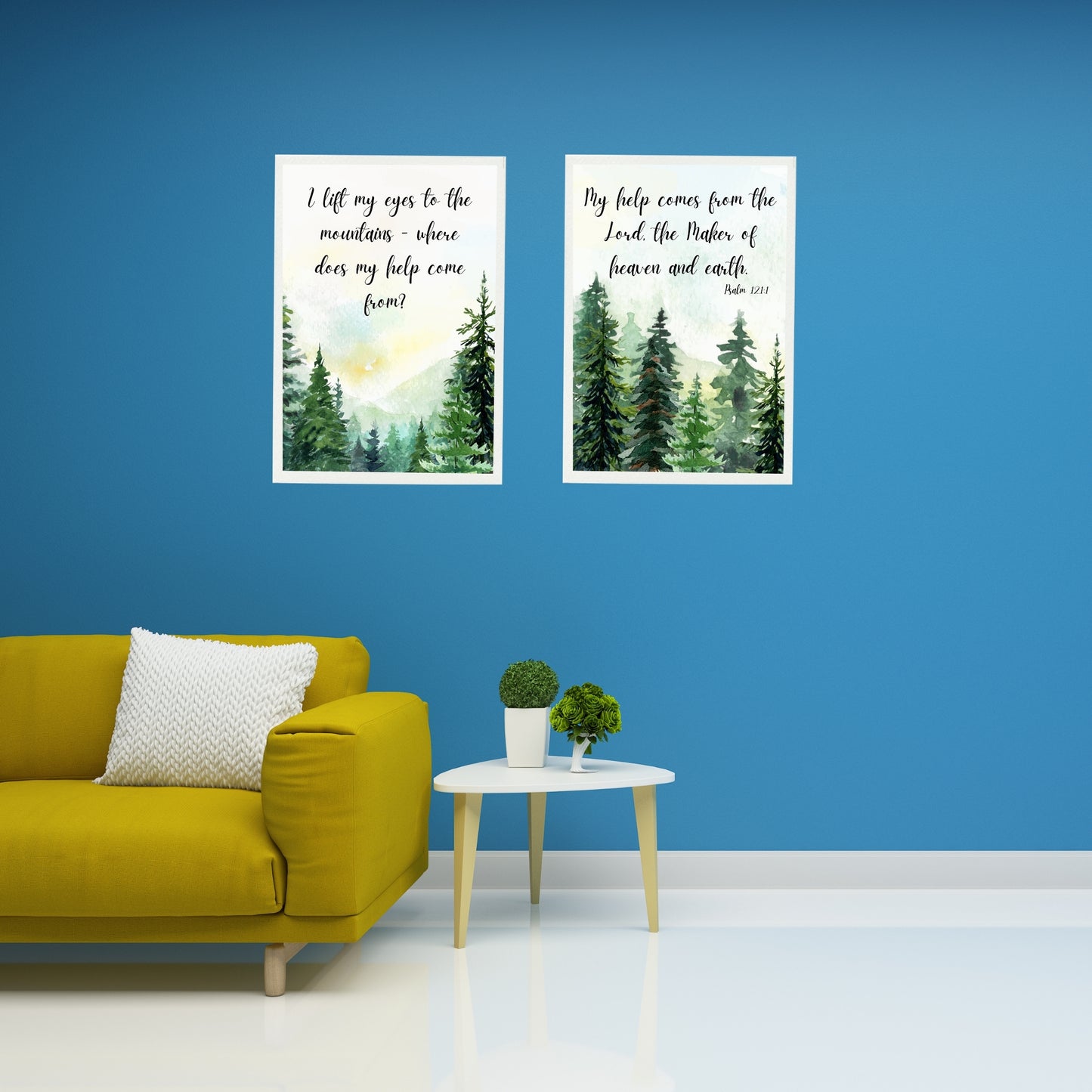 Lift My Eyes To the Mountains Where Does my Help Come From Psalm 121:1 Verse Set of 2 Prints in wooded scene