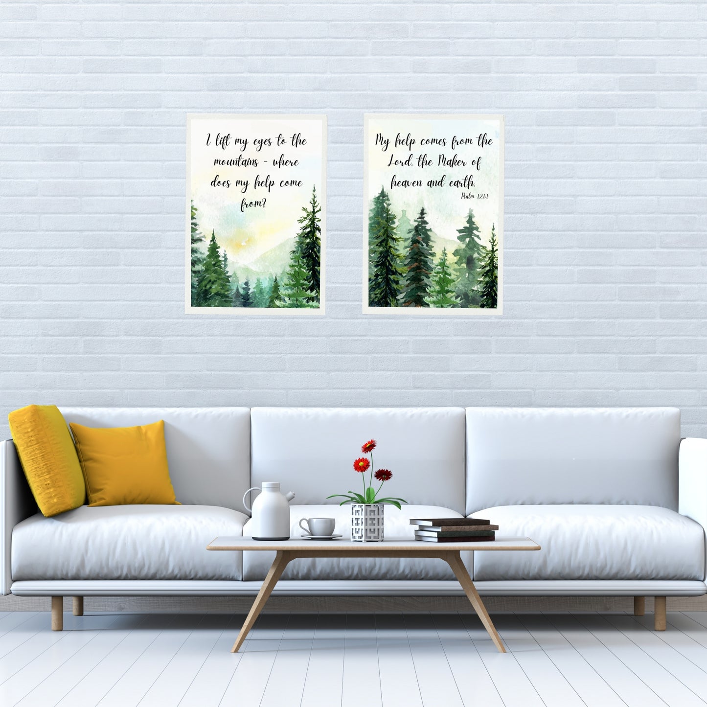 Lift My Eyes To the Mountains Where Does my Help Come From Psalm 121:1 Verse Set of 2 Prints in wooded scene