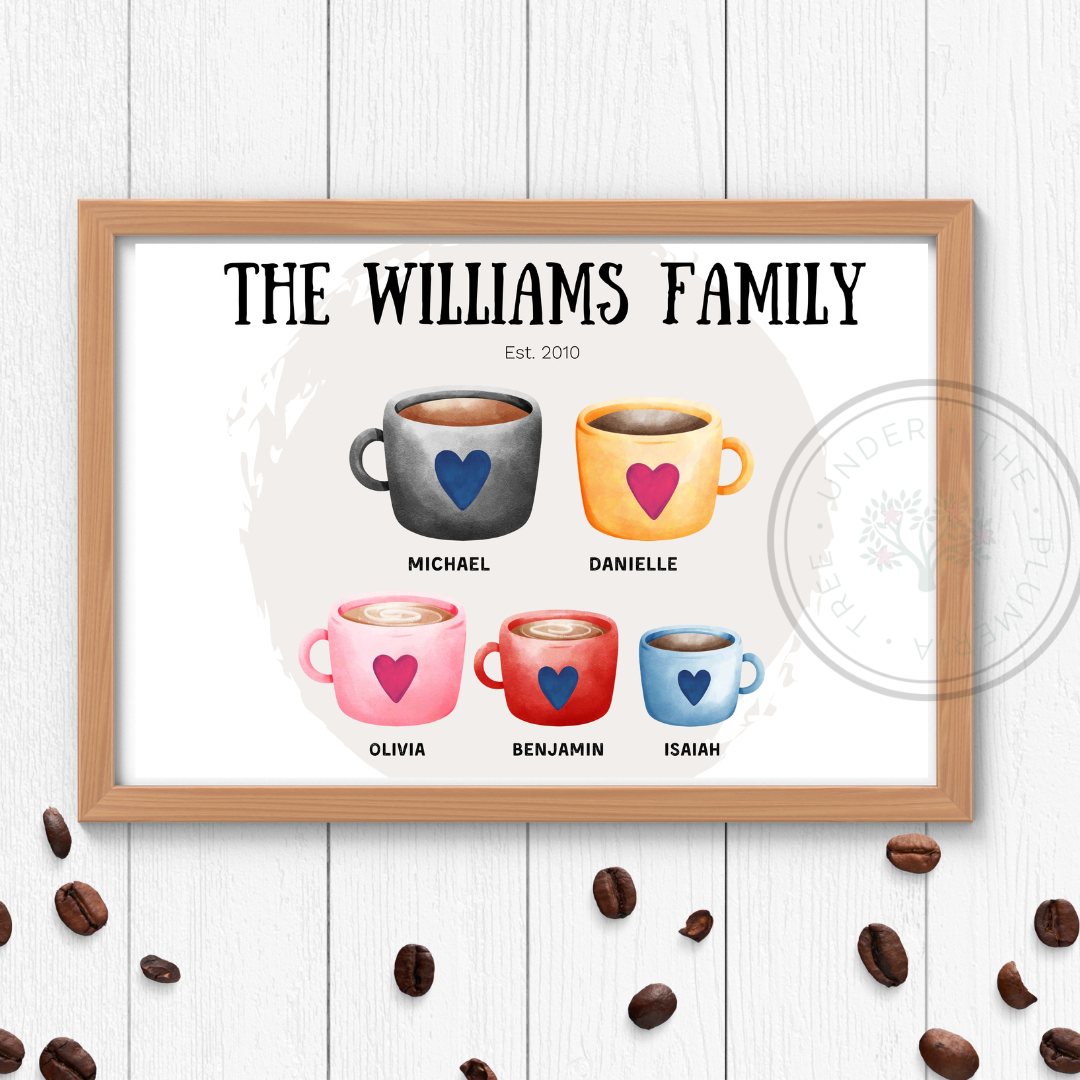 Coffee beans and white wood background. Personalized family print in black capital letters and est year. Each mug has a corresponding name to it. Mugs have a blue or pink heart.