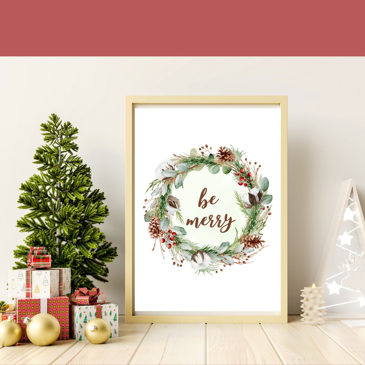 Downloadable Christmas Cheer Be Merry Printable in Wreath with Berries, Pinecones, Christmas Decor, Christmas Card, Christmas Wall Print