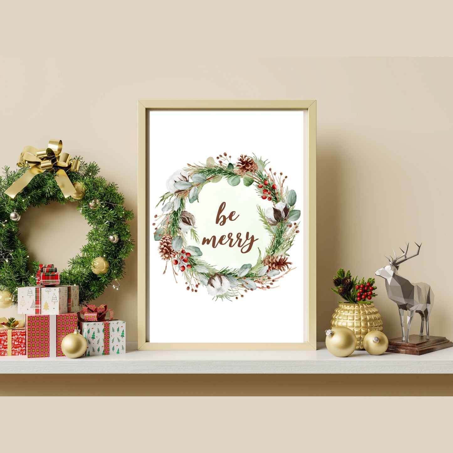 Downloadable Christmas Cheer Be Merry Printable in Wreath with Berries, Pinecones, Christmas Decor, Christmas Card, Christmas Wall Print