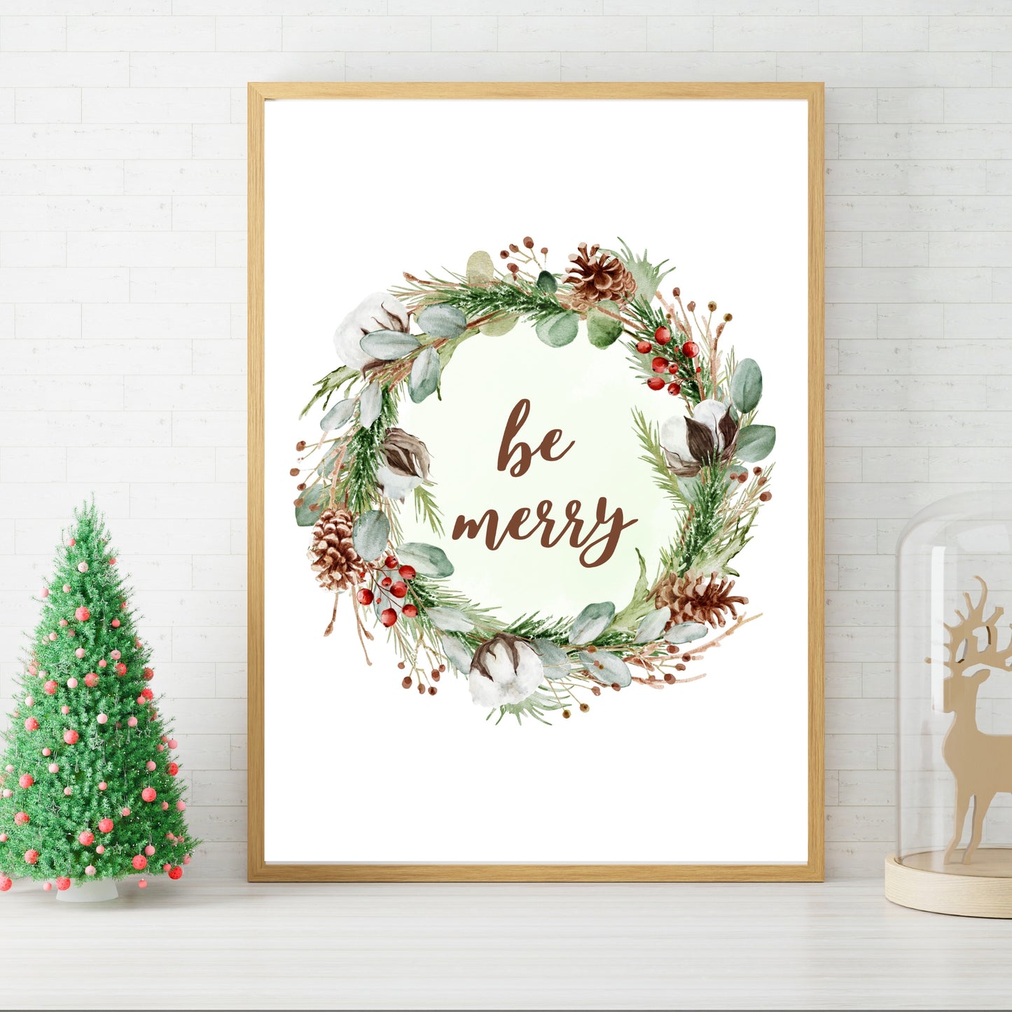 Downloadable Christmas Cheer Be Merry Printable in Wreath with Berries, Pinecones, Christmas Decor, Christmas Card, Christmas Wall Print