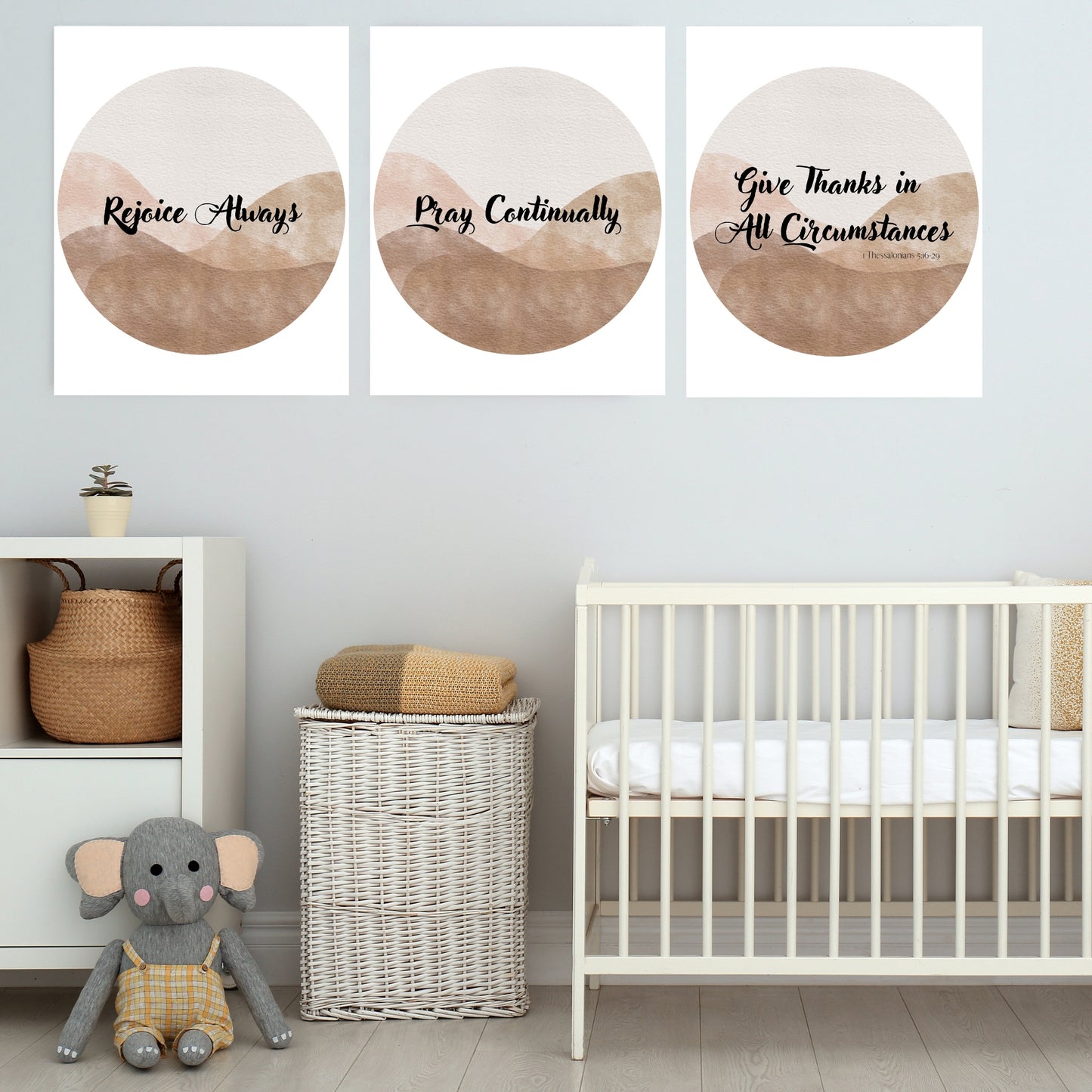 Rejoice Always Pray Continually Give Thanks 1 Thessalonians 5:16-18 Boho Minimalist Brown Circle Watercolor Set of 3 Downloadable Prints