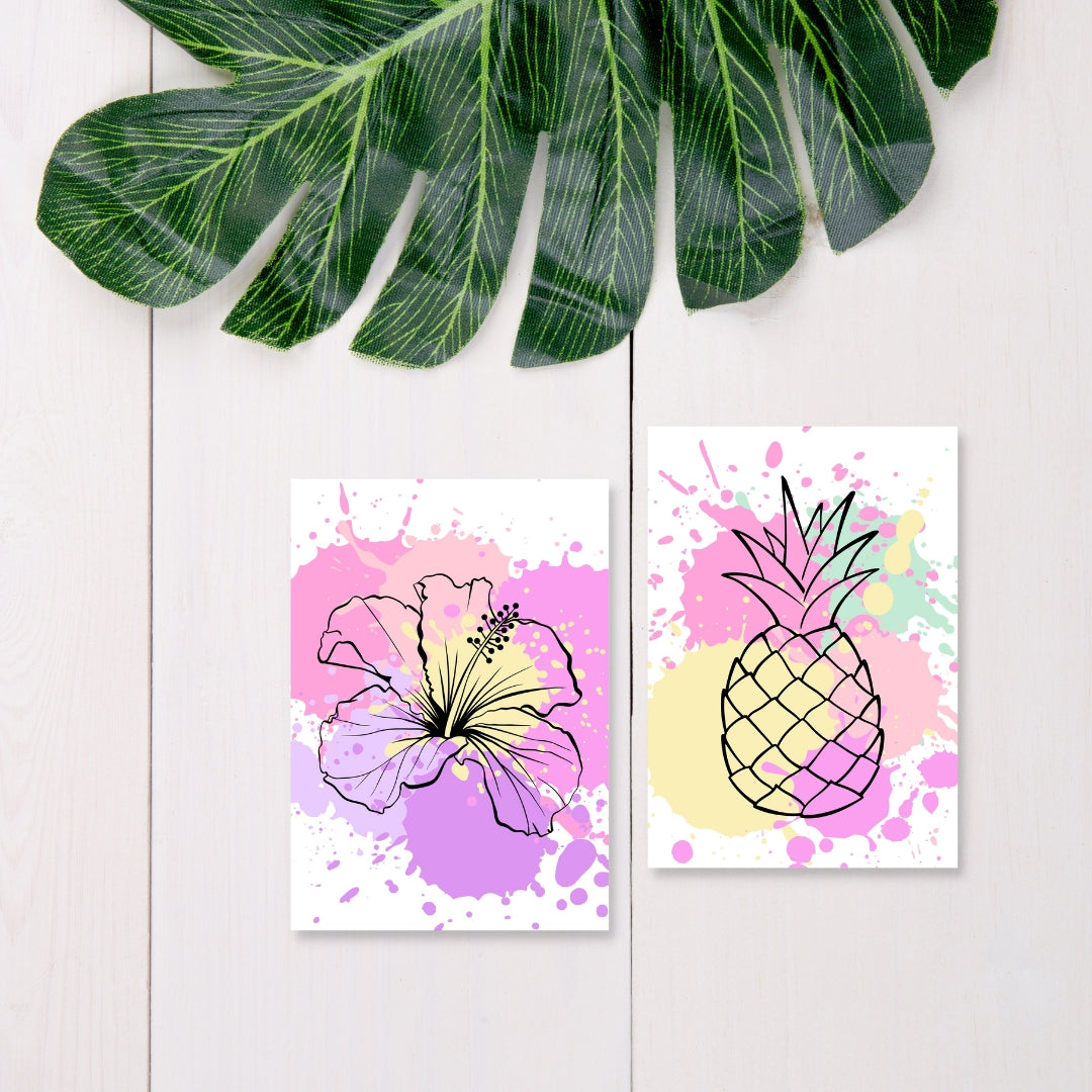 Set of 3 Tropical Paint Splatter Prints - sea shell, pineapple, and hibiscus