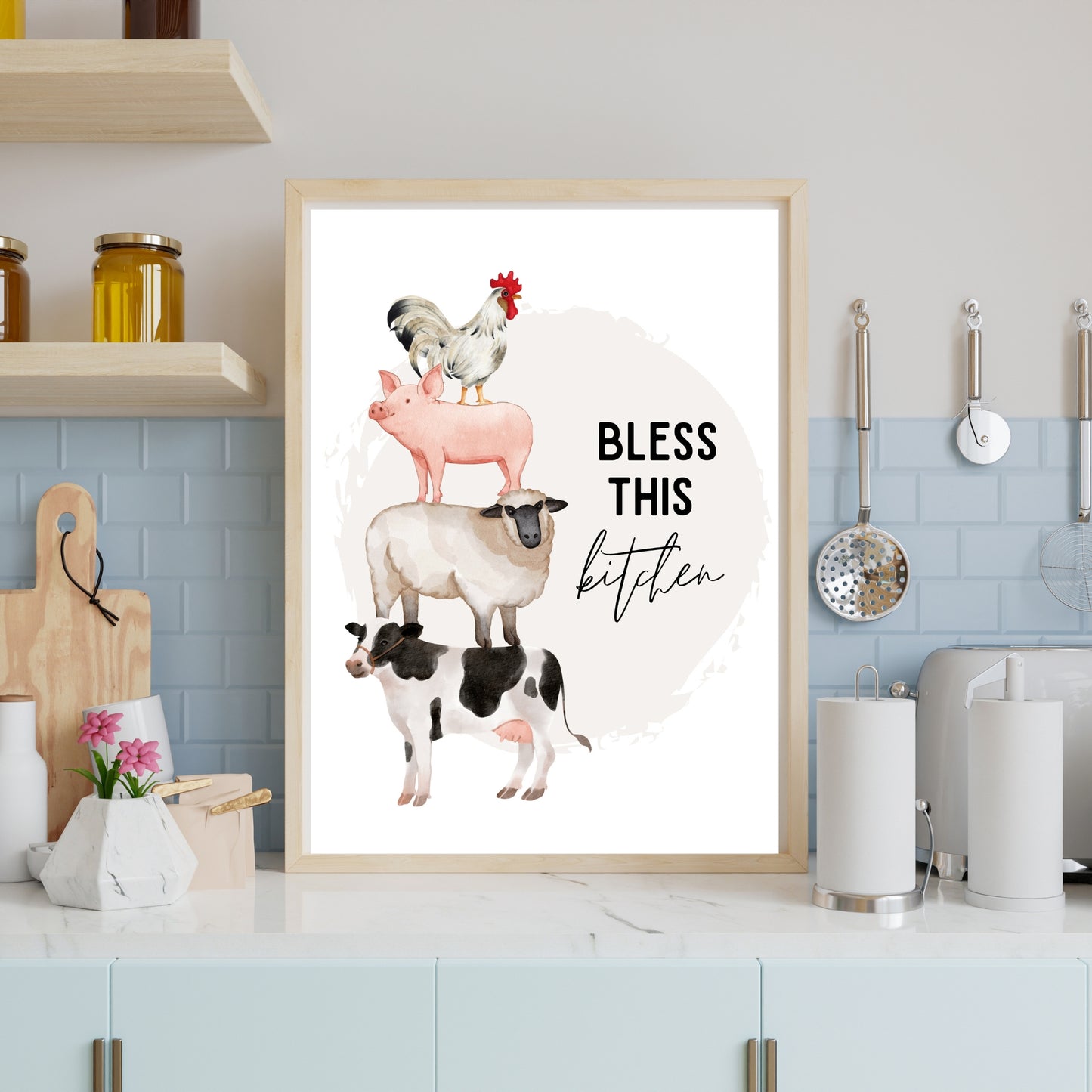 Farmhouse Animals Bless This Kitchen 8x10 inch Print