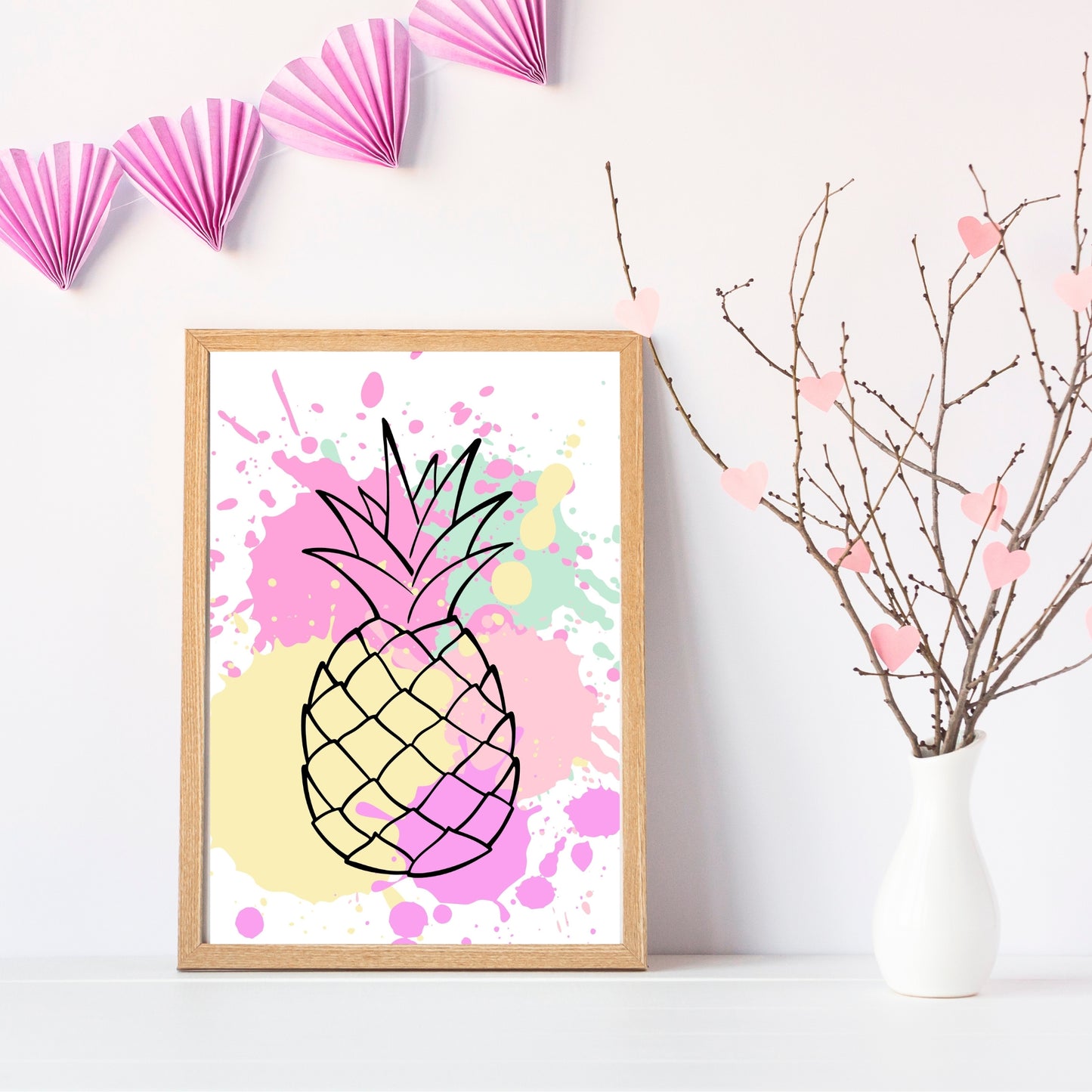 Set of 3 Tropical Paint Splatter Prints - sea shell, pineapple, and hibiscus