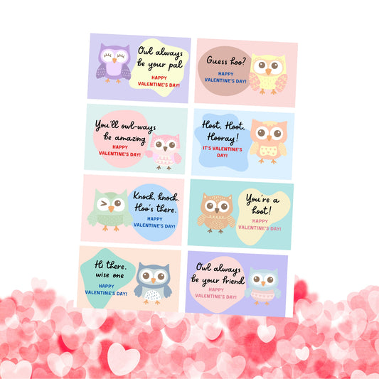 Valentine's Day Cards in set of 8-instand download for Owls, Animals, or Boho Themed