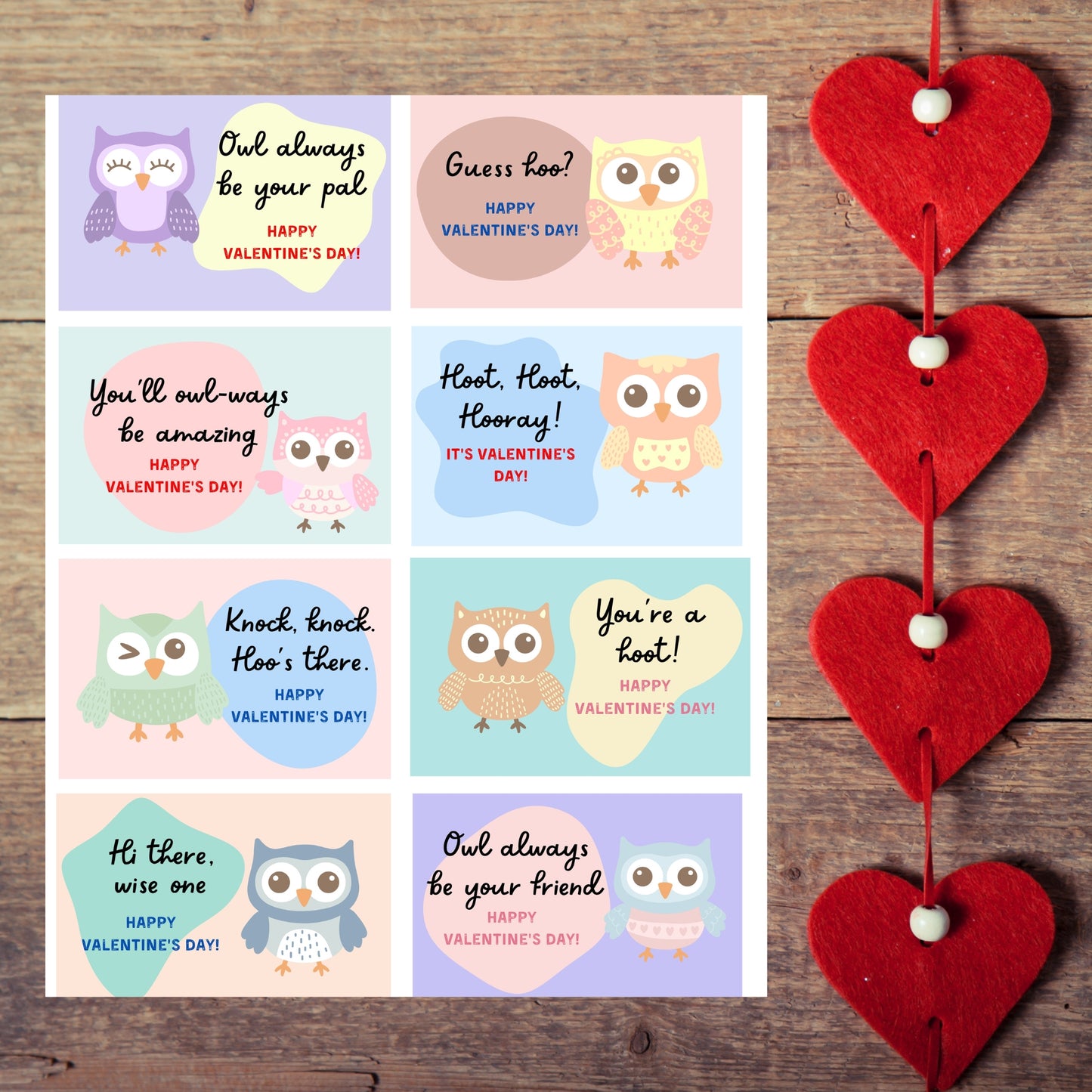 Valentine's Day Cards in set of 8-instand download for Owls, Animals, or Boho Themed