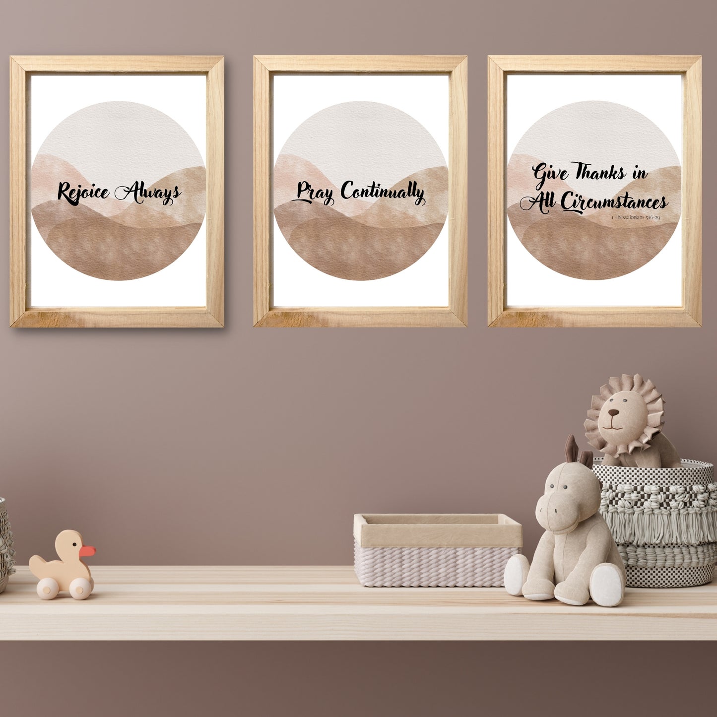 Rejoice Always Pray Continually Give Thanks 1 Thessalonians 5:16-18 Boho Minimalist Brown Circle Watercolor Set of 3 Downloadable Prints