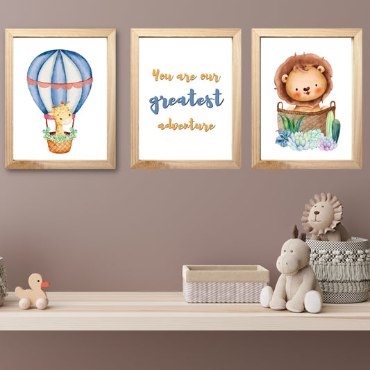 You Are Our Greatest Adventure with Hot Air Balloon Giraffe and Lion in Basket with Succulents