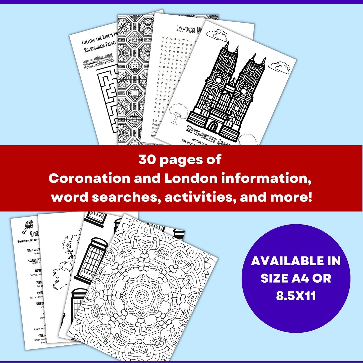 London & Coronation Coloring & Activity Book Pages - Digital Download