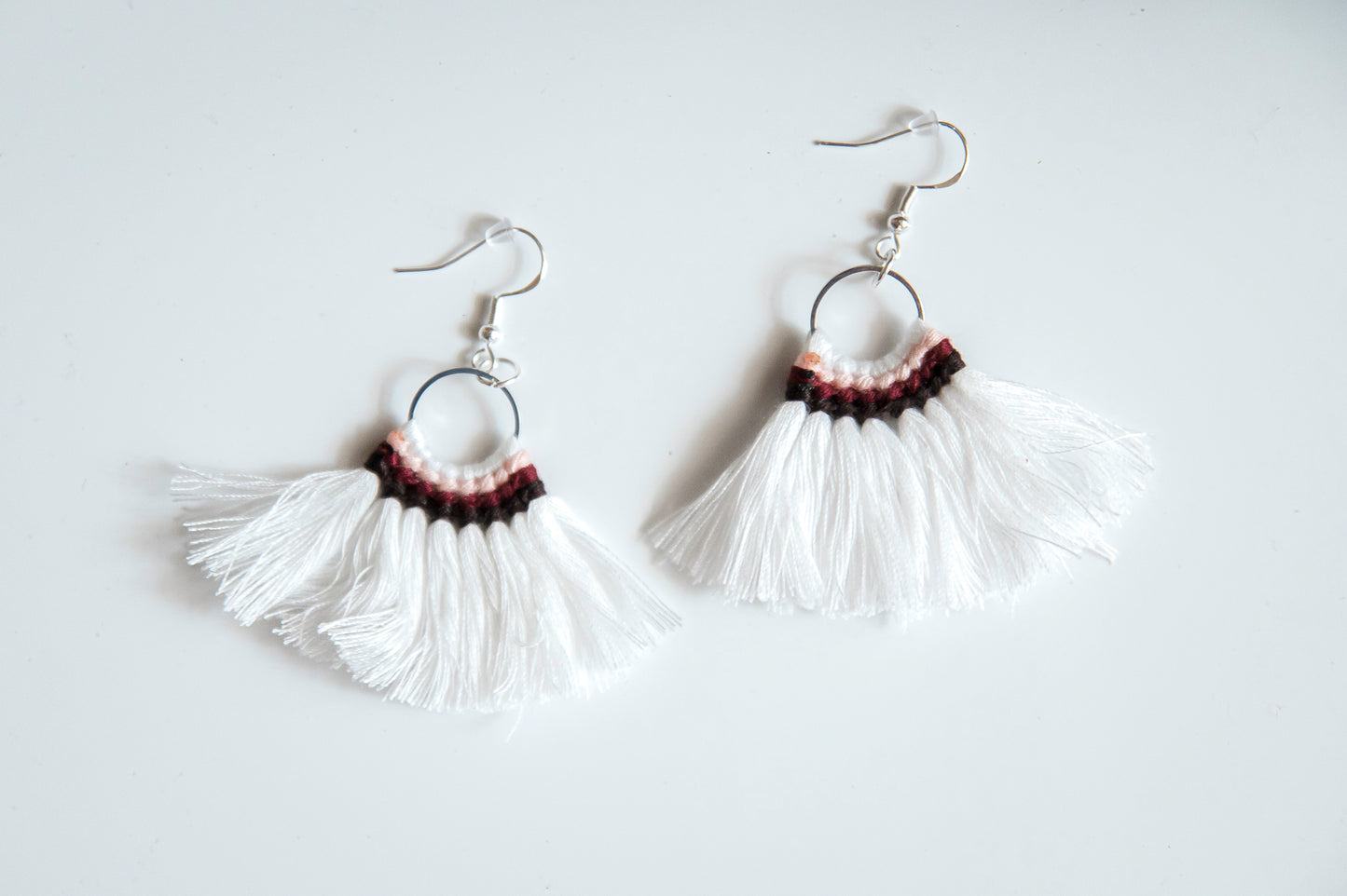 White or Blue Boho Thread Tassel Earrings with Silver Hypoallergenic Hooks