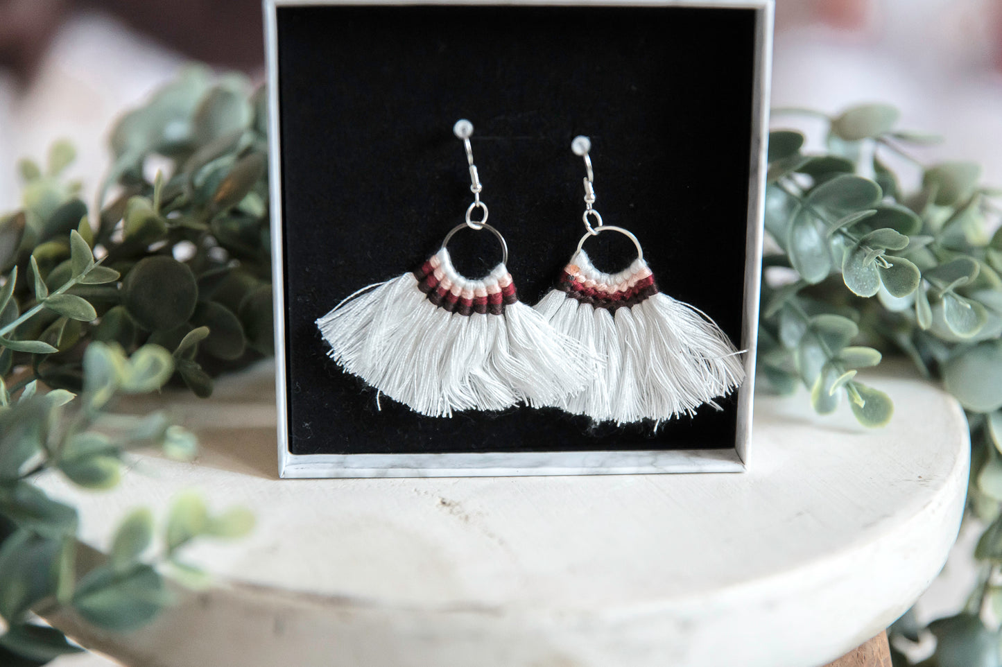 White or Blue Boho Thread Tassel Earrings with Silver Hypoallergenic Hooks