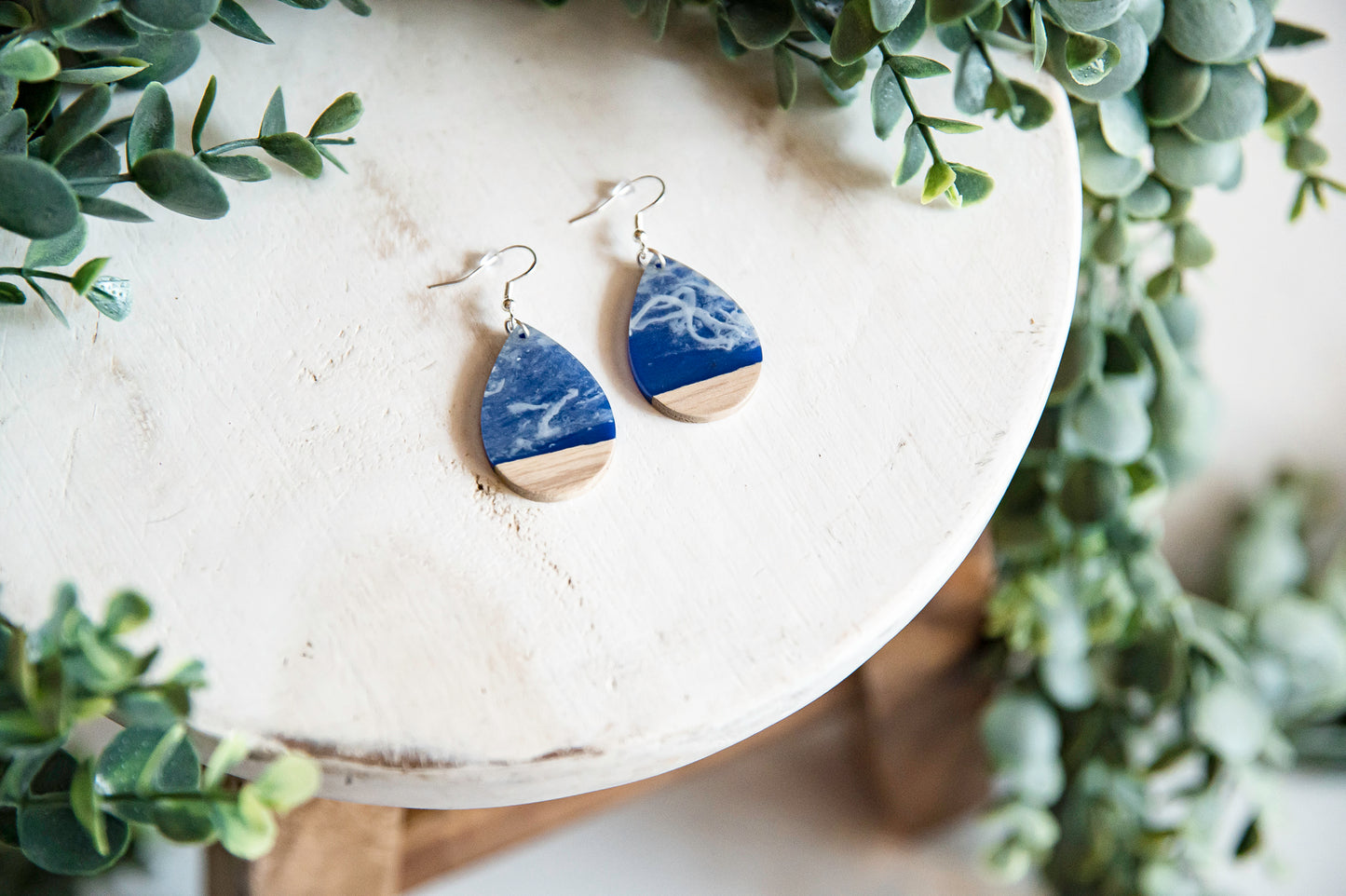 Sea and Sky Resin and Wood Teardrop Earrings with Silver Hypoallergenic Hooks