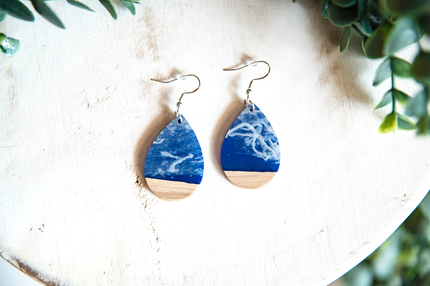 Sea and Sky Resin and Wood Teardrop Earrings with Silver Hypoallergenic Hooks