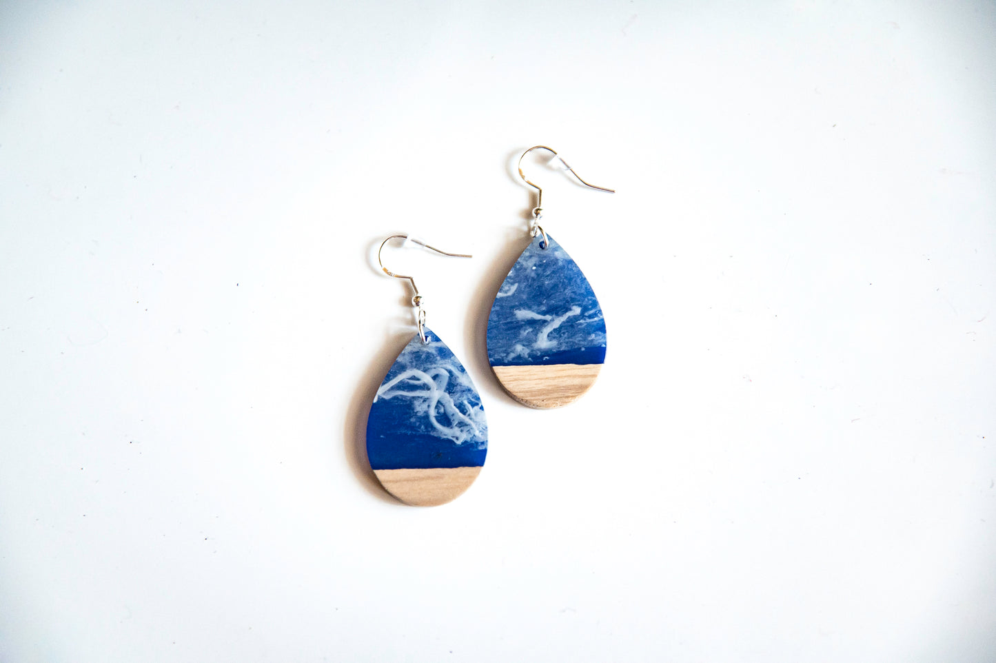 Sea and Sky Resin and Wood Teardrop Earrings with Silver Hypoallergenic Hooks