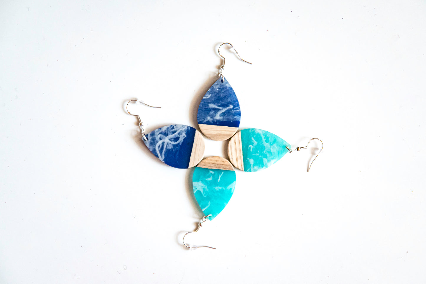 Sea and Sky Resin and Wood Teardrop Earrings with Silver Hypoallergenic Hooks