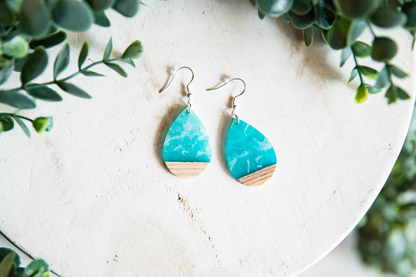 Sea and Sky Resin and Wood Teardrop Earrings with Silver Hypoallergenic Hooks