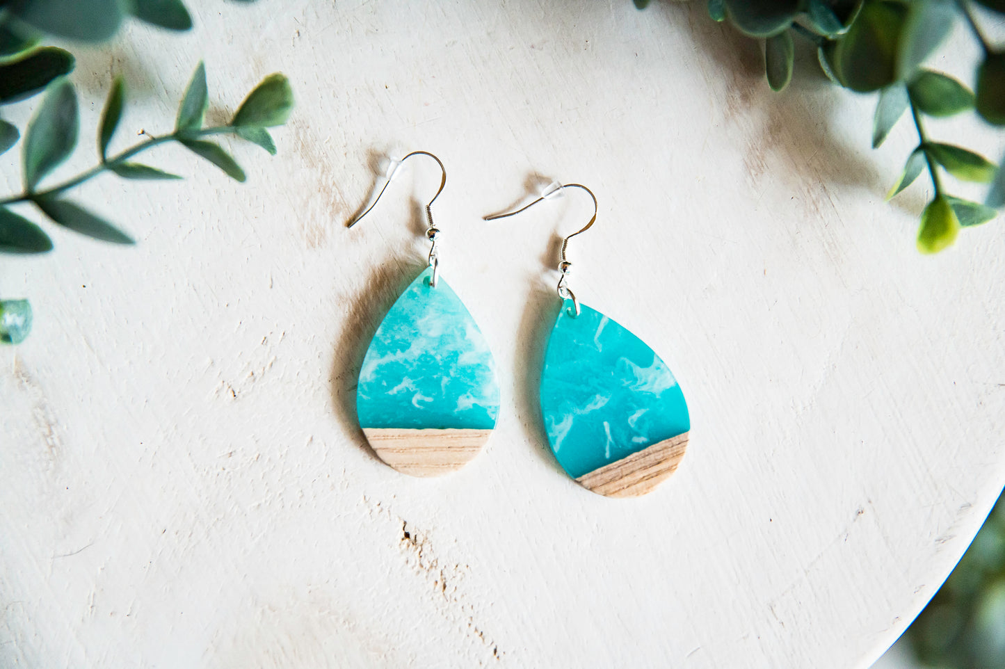 Sea and Sky Resin and Wood Teardrop Earrings with Silver Hypoallergenic Hooks