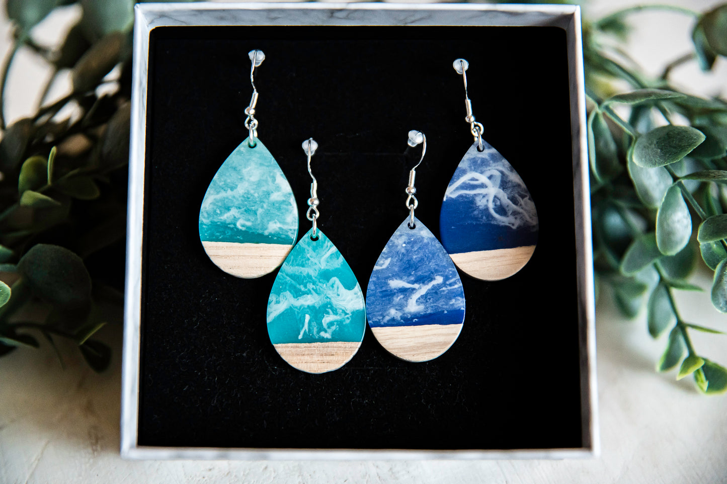 Sea and Sky Resin and Wood Teardrop Earrings with Silver Hypoallergenic Hooks