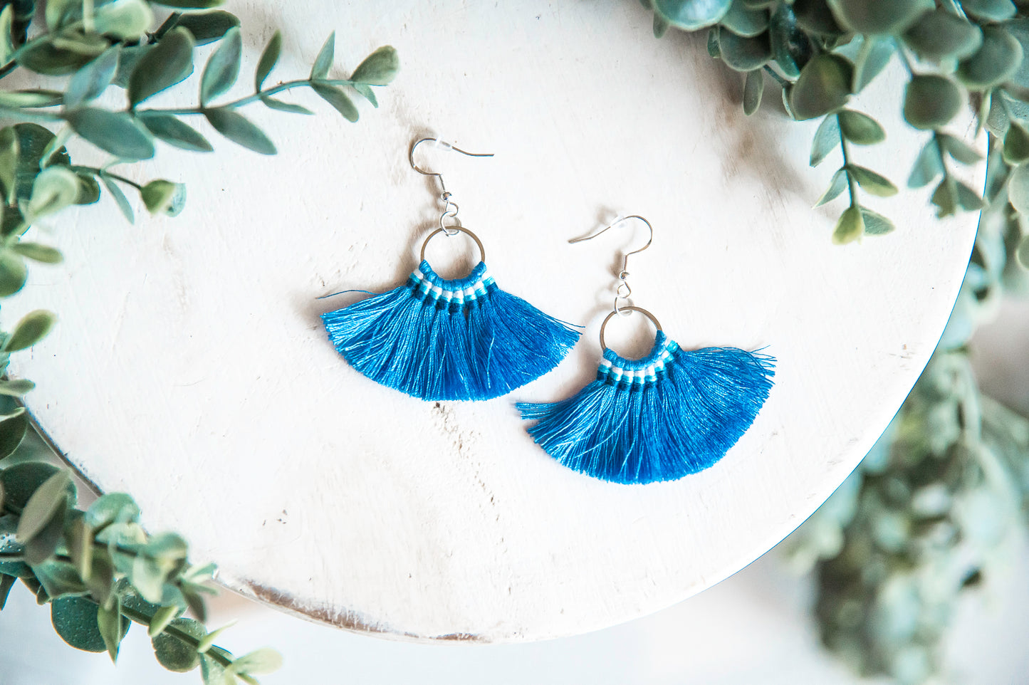 White or Blue Boho Thread Tassel Earrings with Silver Hypoallergenic Hooks