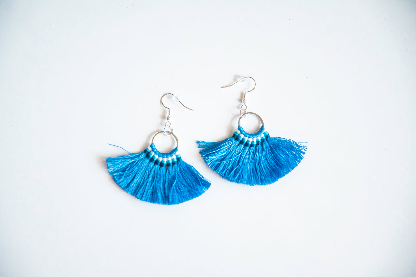 White or Blue Boho Thread Tassel Earrings with Silver Hypoallergenic Hooks