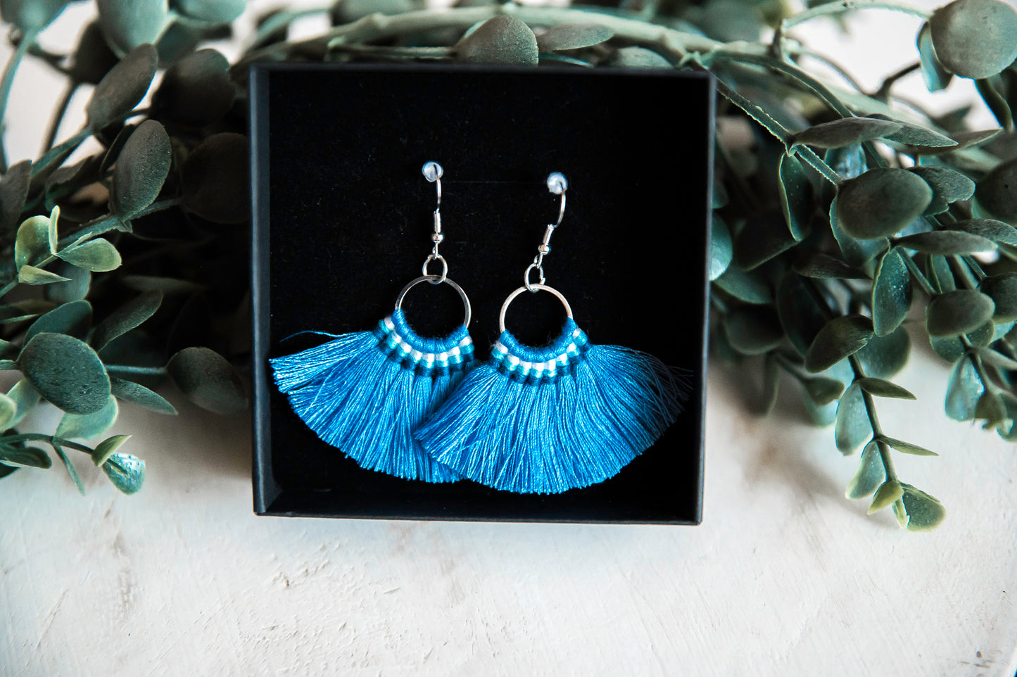 White or Blue Boho Thread Tassel Earrings with Silver Hypoallergenic Hooks