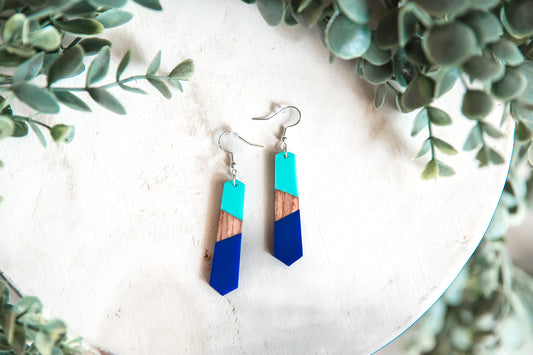 Two-tone (aqua & blue) geometric wood & resin dangle earrings