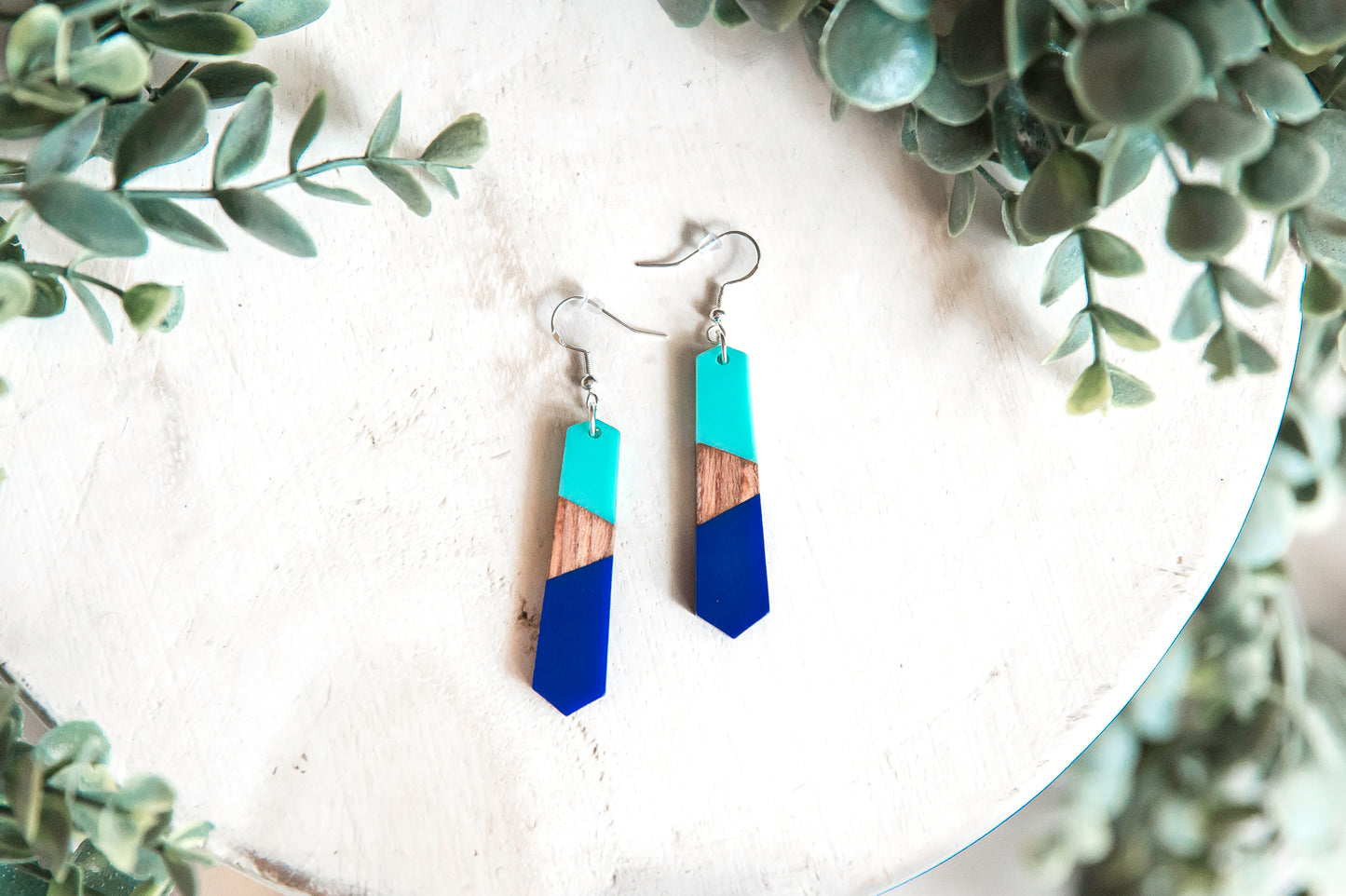 Two-tone (aqua & blue) geometric wood & resin dangle earrings